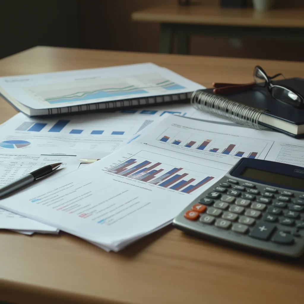 Libros y gráficos financieros en escritorio