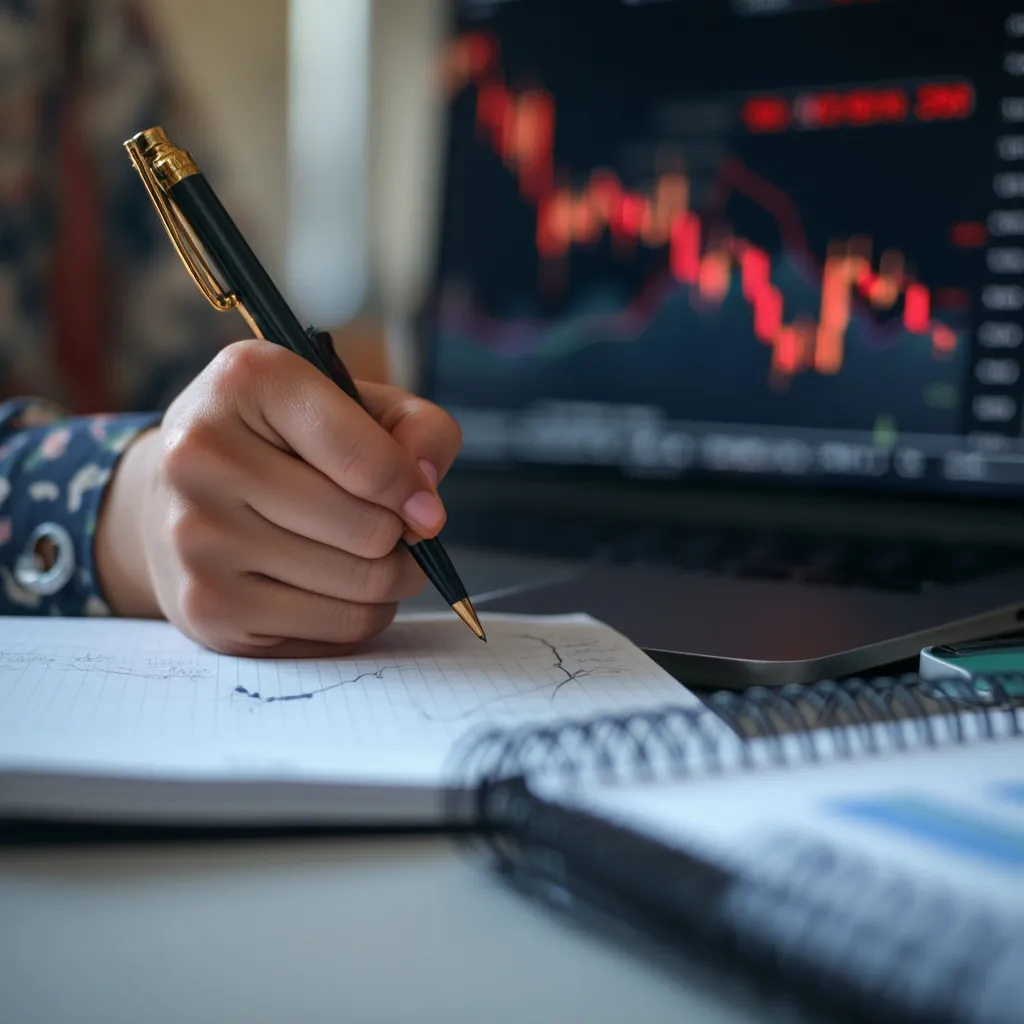 Mano escribiendo notas financieras